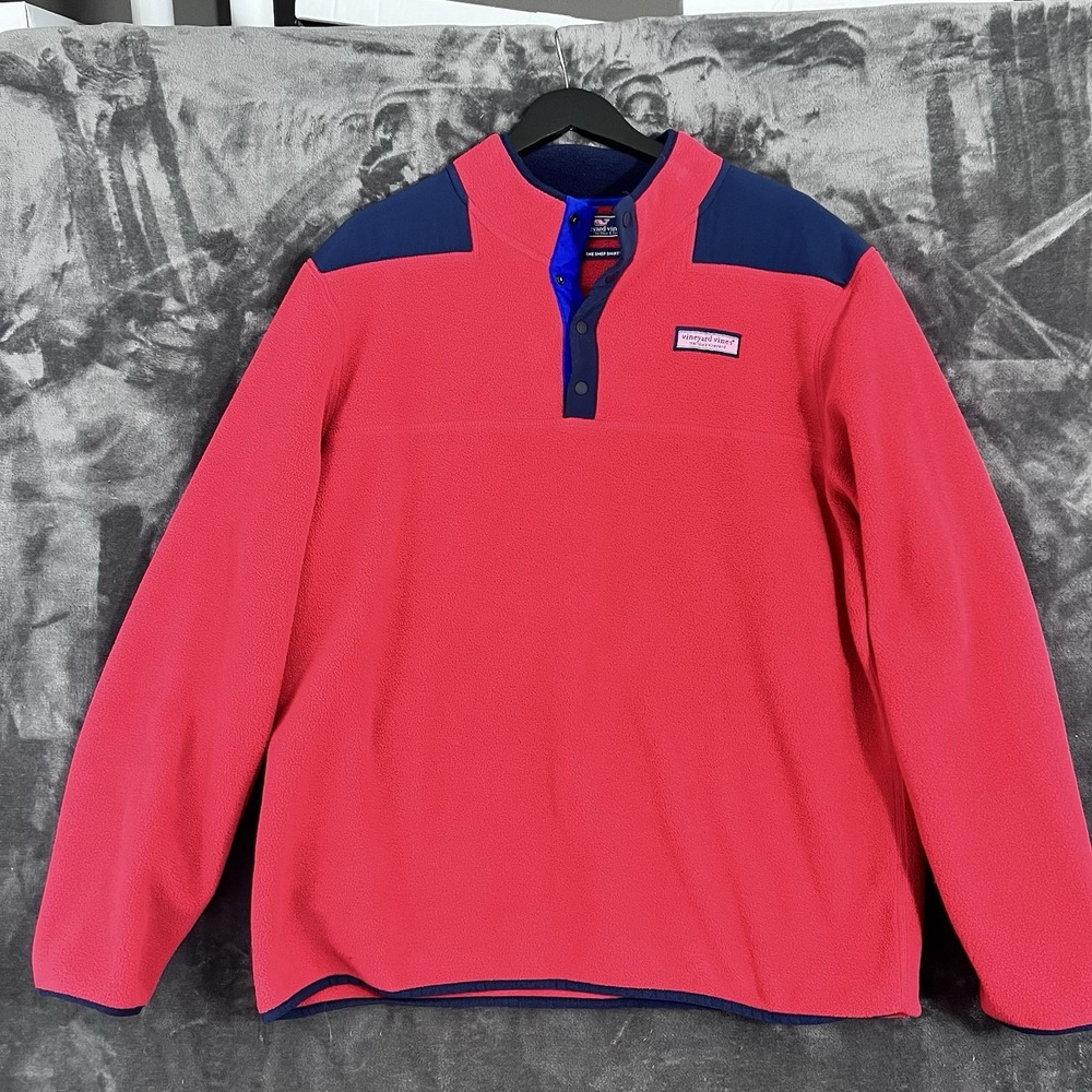 Vineyard Vines Jacket XL Red & Blue Fleece 1/4 Button Pullover Coastal Preppy